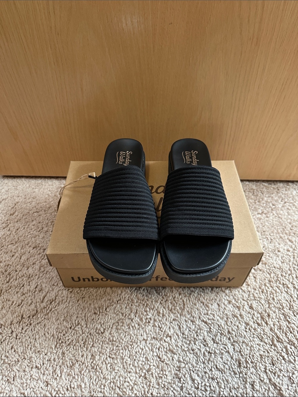 Black Ribbed Slide Platform Sandals - Picture 2 of 6